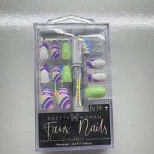 Pretty Woman Faux Nails 24 Pack Multicolor Shiny Pre-Designed with Glue