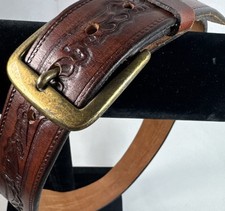VTG Western Carved Leather Belt Interchangeable Brass Buckle Made in USA size 30