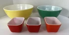 5 Vintage Pyrex Refrigerator Dishes 501-B, 0501, Yellow Bowl 404, Green Bowl 403