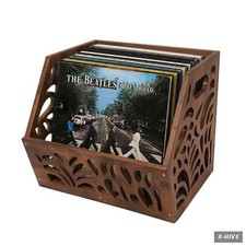 Retro,Rustic,Vintage Wood Portable Carved 1 Vinyl Record Storage 60 LPs Holder