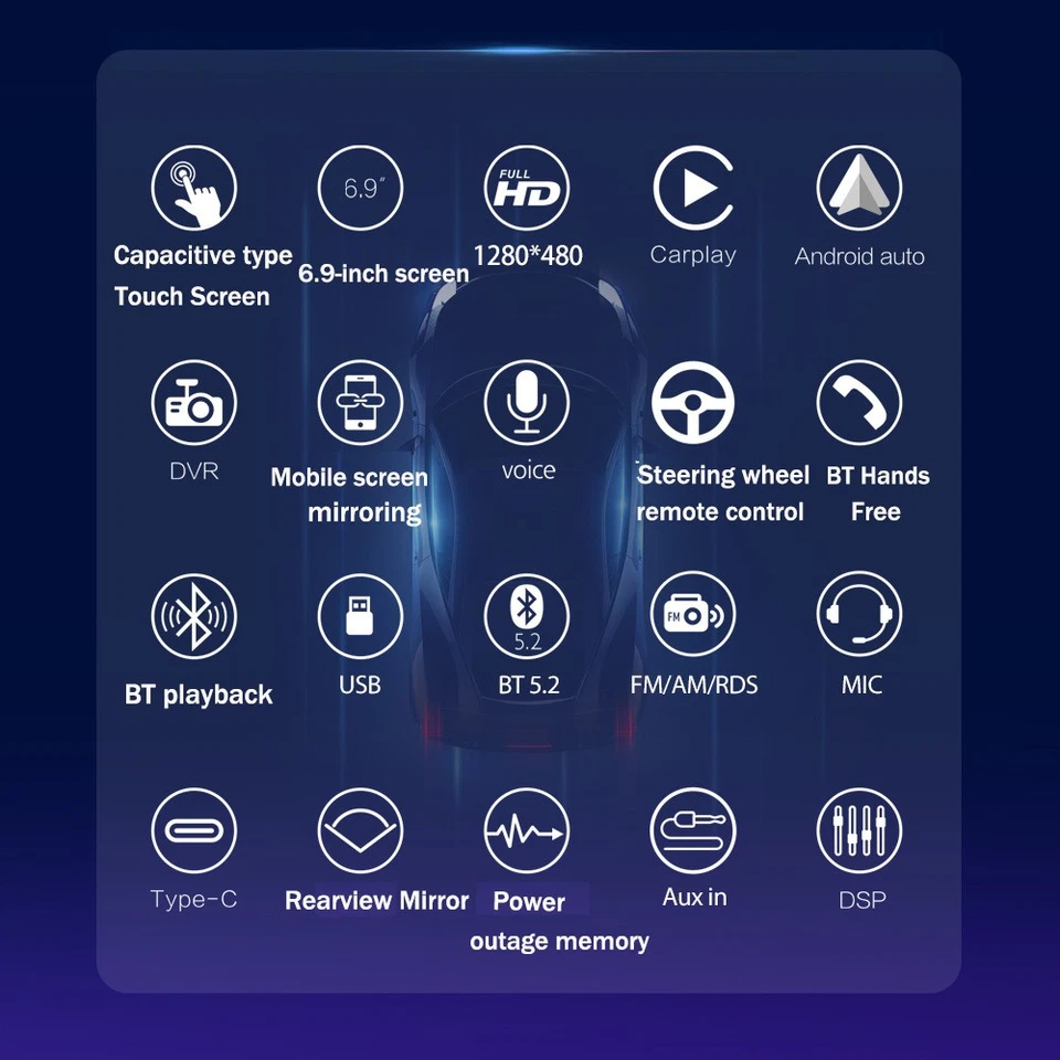 6.9in Car Carplay Player Bluetooth USB AUX Stereo Radio Touch Screen Single Din - Image 4 of 4