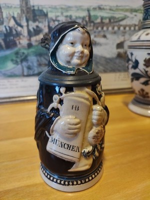 J. Reinemann Munich beer mug 0.4 L tin lid relief mug monk monastery mug 16 cm