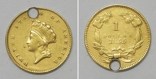 X7275  1855 (slant 5) USA One $1 Liberty Gold Dollar Coin, Ex-Jewelry/Hole