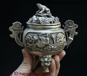 旧中国银狮子头鸭莲花青蛙香炉香炉雕像 Ebay