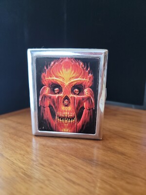 Vintage STAR Flaming Skull Reaper Metal Cigarettes Case Stash Holder