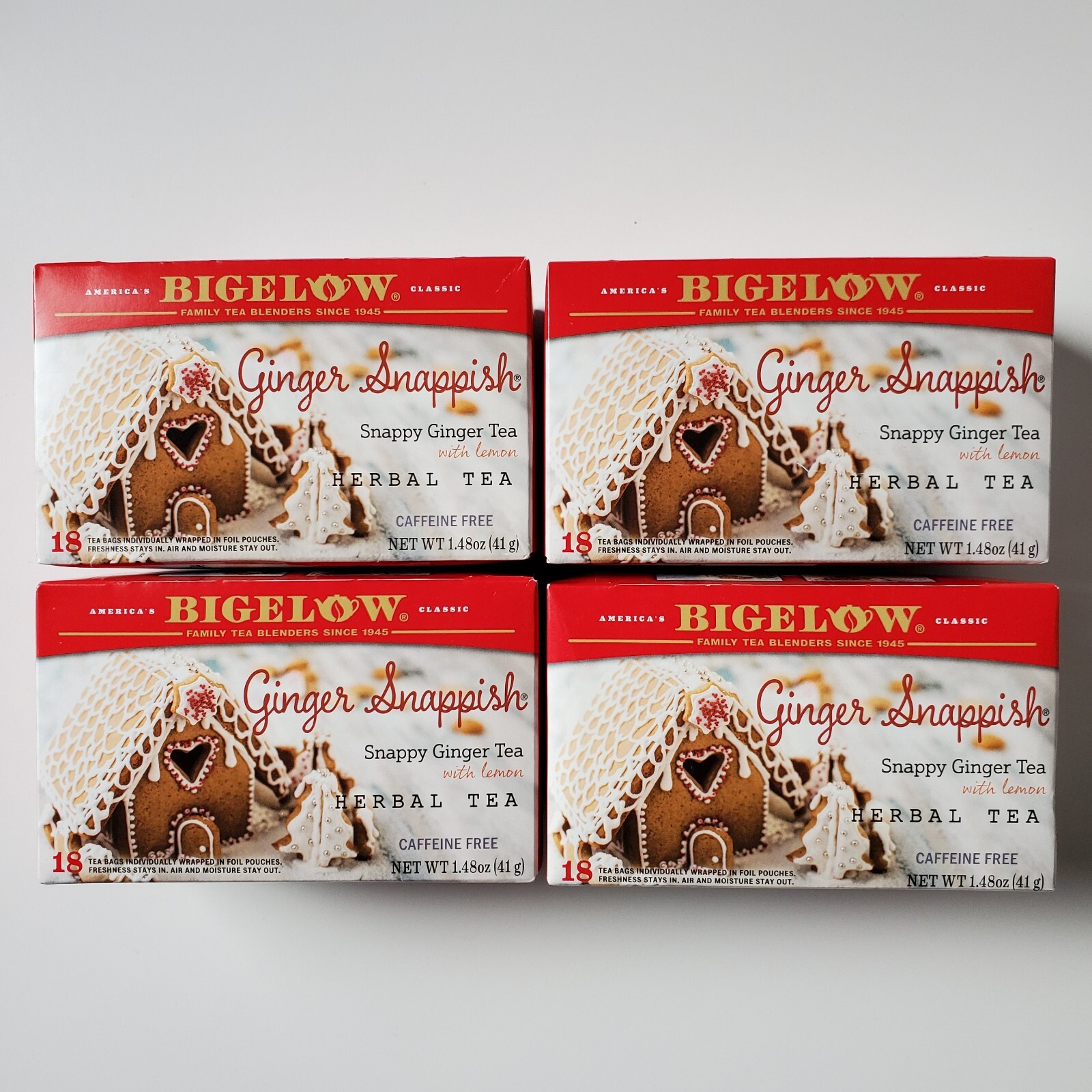 Lot 4 Bigelow Ginger Snappish Herbal Tea Caffeine Free 18 Bags Each BB