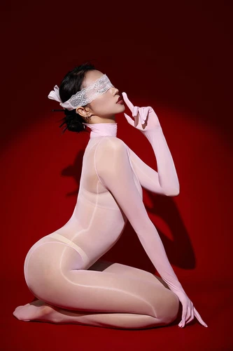 Rückenreißverschluss nahtlos Bodystocking Body transparent ölig glänzend Overall mit Handschuhen - Bild 3 von 69