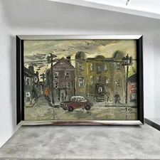 Vintage (1970s) Primitive Impressionist City Street Scene Oil Painting