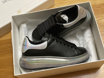 NIB $590 Alexander Mcqueen Black Holo Oversized Sneakers Size 37