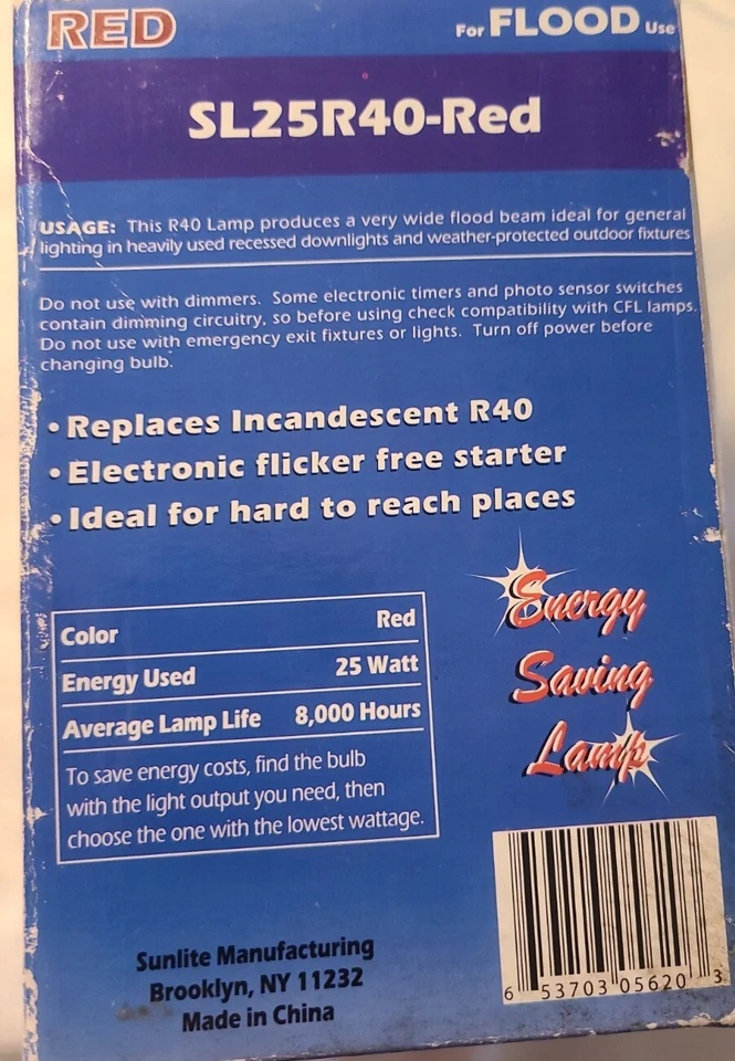 Sunlite 05620-SU 25W R40 Red CFL Light Bulb25 Watt 8K Hours - Image 3 of 3