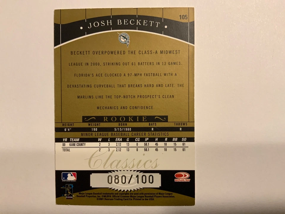 2001 Donruss Classics Timeless Tributes Josh Beckett Rookie SP /100 Card #105 - Image 2 of 4