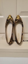 Anne Klein Ovi Flat Black Gold Metallic Brocade Fabric Flat Shoes Size 6.5M
