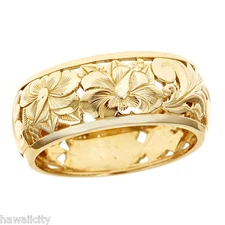 Hawaiian Heirloom Jewelry 14k Yellow Gold Cut Out Hibiscus Dome 8mm Ring