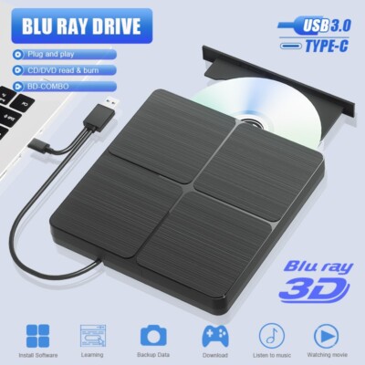 External CD DVD Drive, USB3.0 Blu ray Player Burner Writer for PC Laptop Windows