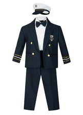 KIDS NAVY BLUE WHITE SAILOR CAPTAIN'S NAUTICAL PARTY WEDDING SUIT SET WITH HAT