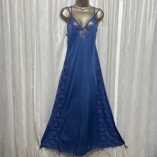 VTG L XL Gossard Nightgown twilight Blue Nylon Sheer Side Lace Panels Lingerie 