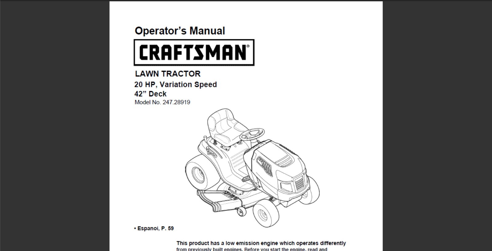 Craftsman Model 247.28919 Lawn Tractor Maintenance and Owner's Manual ...