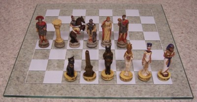 Chess Set game with Glass Board Dawn of History Egypt vs Rome 3 1/2'' Kings NEW