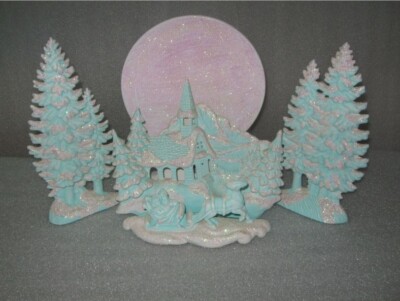 Vintage 3D Winter Scene Horse Sleigh Moon Trees 5pc Ceramic Mold Christmas Aqua