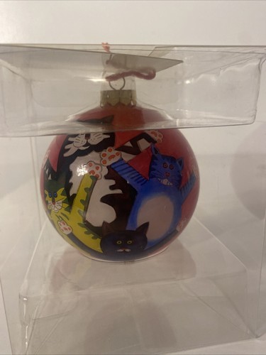 Christmas Inside Hand Painted Hand Blown Glass Ornament Four Cute Cats