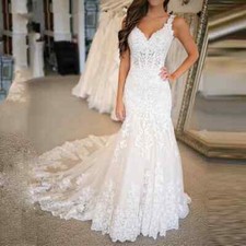 Vintage Deep V Neck Mermaid Wedding Dresses Tulle Appliques Bridal Gowns Train