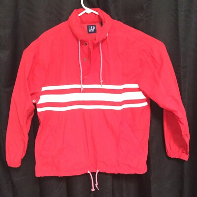 Vintage Gap Nylon Windbreaker Red Hidden Hood 1/2 Zip Mens Small 3 White Stripes
