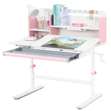 Pink Height Adjustable Kids Study Desk Ergonomic Table Tilt Desktop,Drawer,Shelf