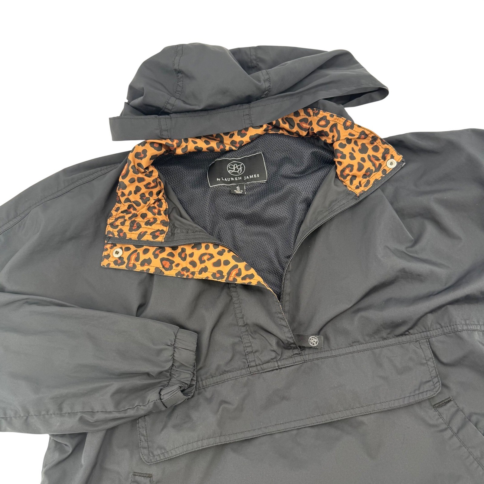 Lauren James Black Leopard Print Anorak Jacket Hooded Pullover Size Small