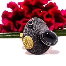 Black Onyx - Brazil Black And Gold Plated 925 Sterling Silver Ring s.7 Sku41