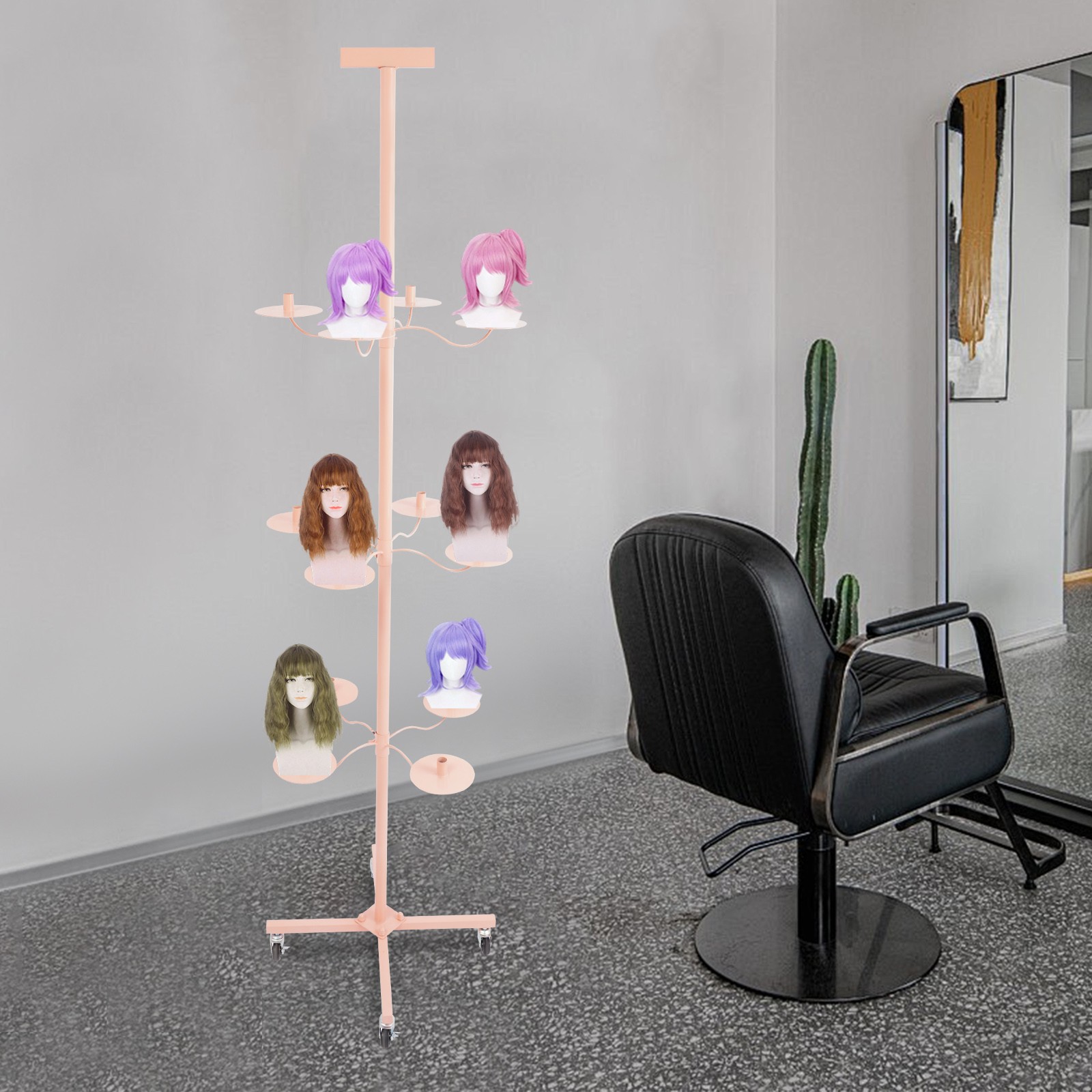 Pink Wig Display&Storage Rack For 12-head Wig Stand W/wheels Styling Wig Storage