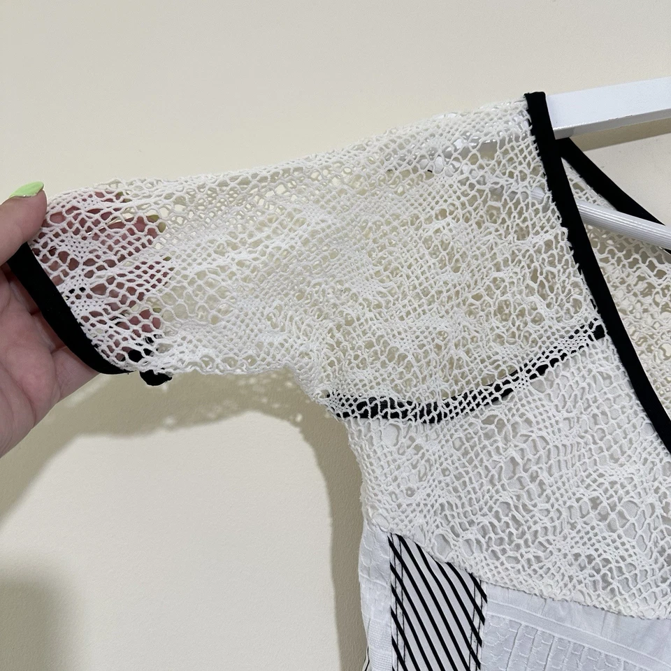 Save The Queen Size L Lace Mesh Milkmaid White Striped Short Sleeve Top Y2K - Image 4 of 4