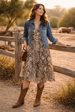 Italian Made Snake Print Tiered Midi Dress Wm's 16 | Bohemian Glam Long Sleeve