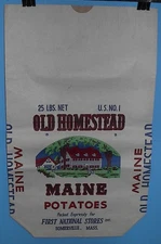 MAINE POTATO BAG 25 lbs OLD HOMESTEAD MAINE POTATOES FIRST NATIONAL STORES EMPTY