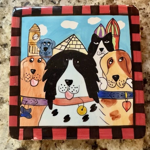 Vintage DOGZILLA 6x6 Ceramic Dog Trivet Candace Reiter Designs CATZILLA 1999 HTF - product listing photo