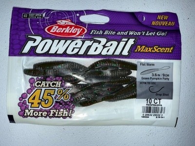 10 packagedBerkley Powerbait MaxScent Flat Worm 3.6in Green Pumpkin Party