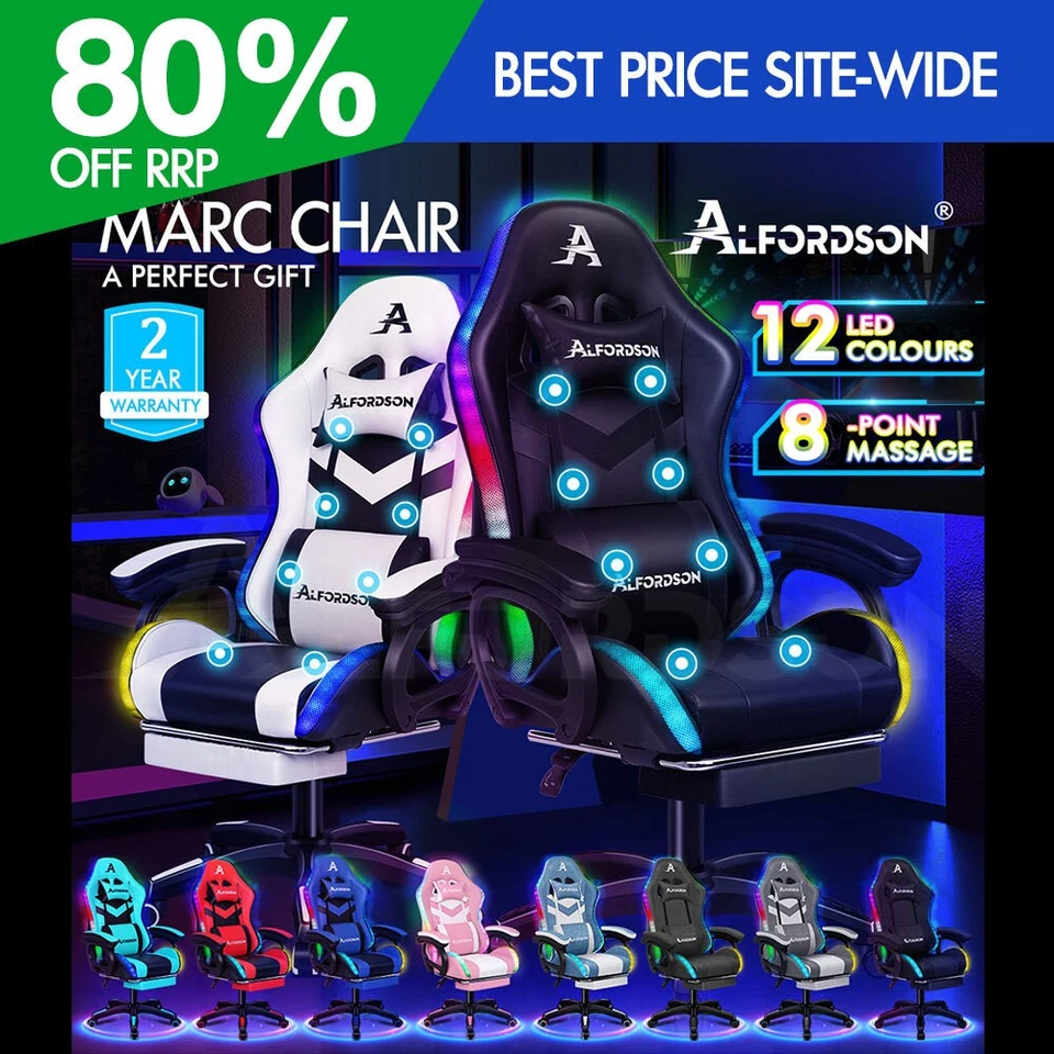 ALFORDSON Sedia Gaming con 12 Colori LED Massaggio Sedia Ufficio Pelle/Tessuto