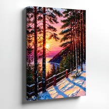 Wall Art Winter Forest Sunset Landscape Painting Snowy Lake Cabin Decor Print