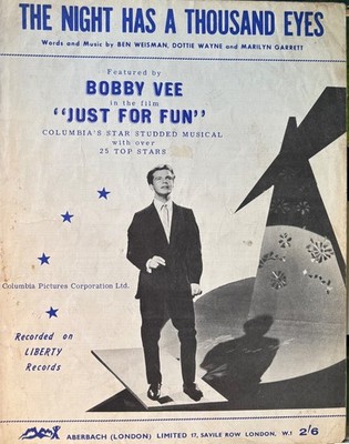60s Vintage Sheet Music Original Rare The Night Has A Thousand Eyes by Bobby Vee