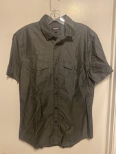 Express Men's Size Medium Slim Fit Button Up Short Sleeve Dark Gray Print NWOT
