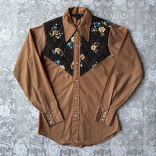 Vintage 70s Sears Western Wear Brown Floral Pointed Collar Peal Snap Shirt Small