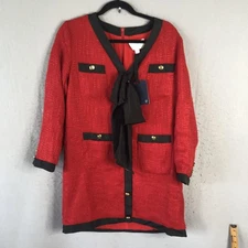 Pomander Place Dress Womens Medium Red Black Tweed Gold Button Pockets Bow NWT