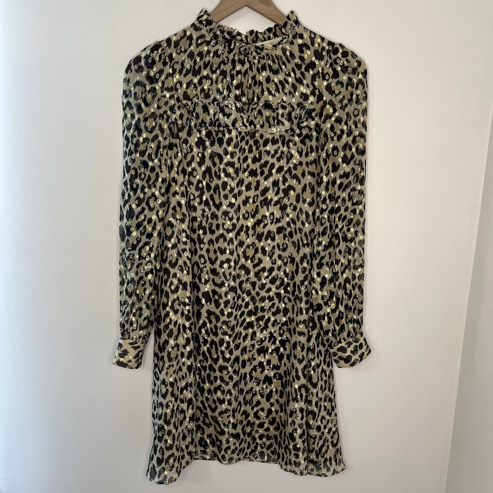 Abito a tubino Kate Spade New York seta chiffon metallizzato leopardato taglia 2 mini oro