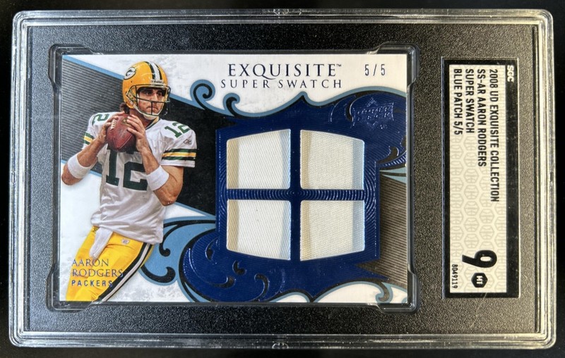2008 Upper Deck Exquisite Aaron Rodgers Super Swatch Blue Patch Jersey #/5 SGC 9
