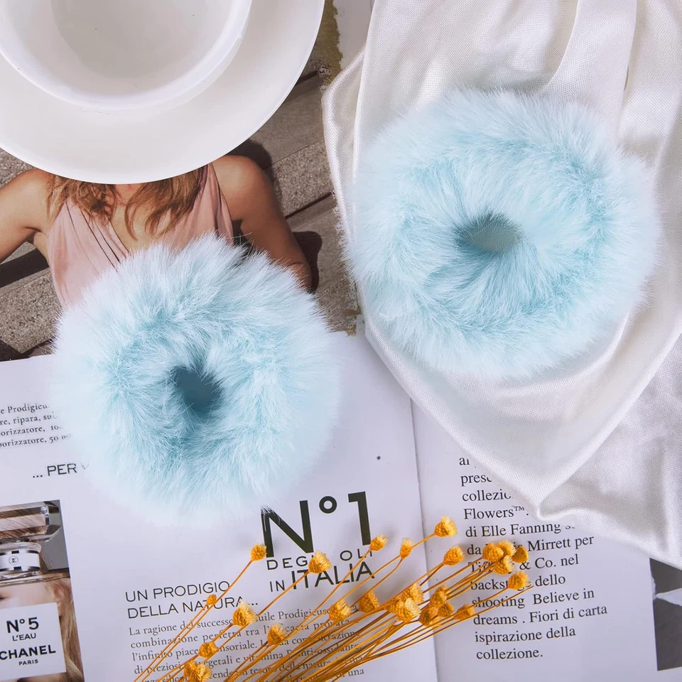 2 PCS Light Blue Pom Pom Hair Tie Fuzzy Scrunchies Furry Hair Bands with Faux Ra - Image 2 of 4