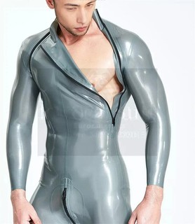 Men Latex Catsuit Chest and Crotch Zipper 2XL Gray