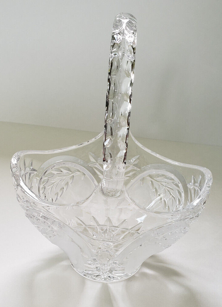 Etched Pears lead crystal glass handled basket fruit or candies