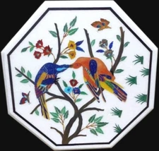 Pair of Bird Design Inlay Work Coffee Table Top White Marble Kitchen Side Table