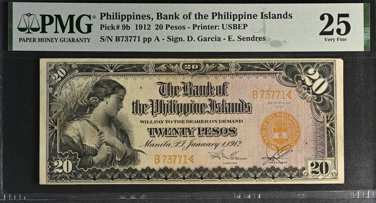 アイルランド旧紙幣20ポンド。PMG社鑑定評価済。 1912 Philippines Islands 20 Pesos Banknote Pick #9b - PMG