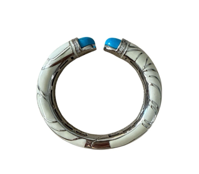 Designer Lauren G. Adams Silver Rhinestone Turquoise Enamel Hinged Bracelet $445