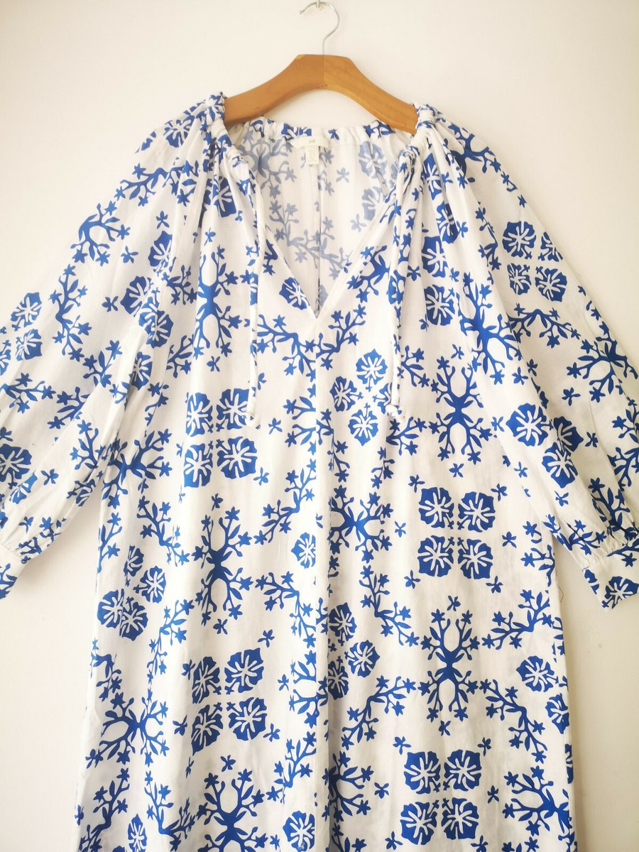 blue kaftan dress h&m H&M White Blue Floral Print Drawstring Midi Kaftan Dress size XS 6 8 10